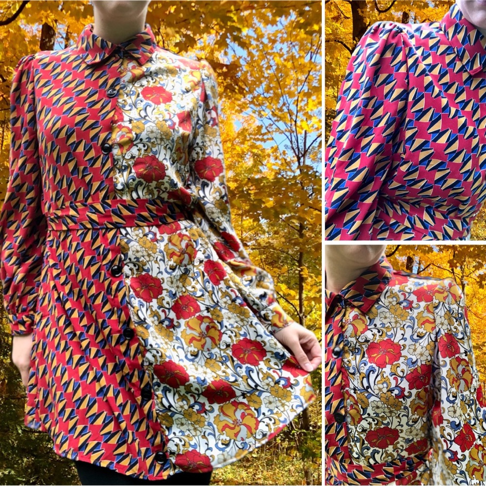 Mix and Match Multi-Print Button Up Satin Shirt Dress with Self Belt, Size M